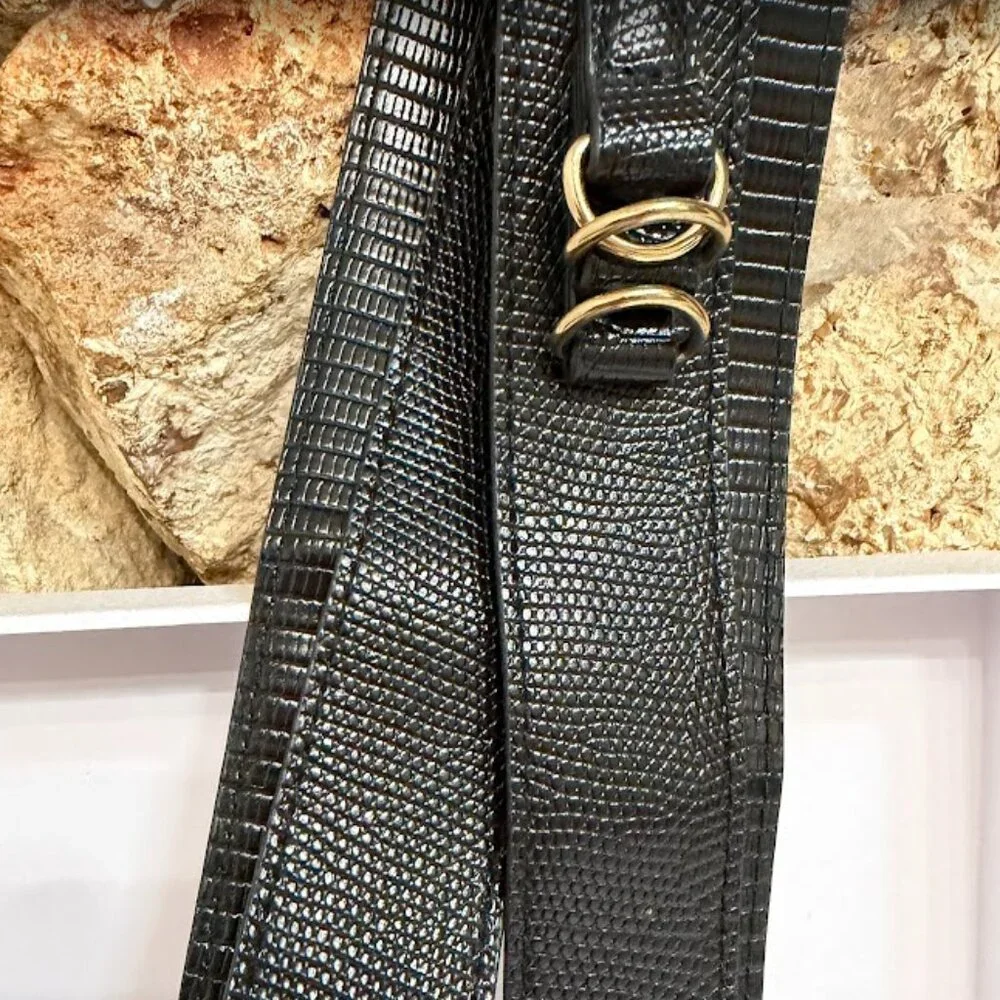 Black Textured Leather Crossbody Phone Lanyard With Gold Tone Hardware